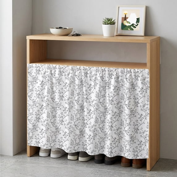 Gray Spring Floral Cabinet Curtain 35"Wx35"L, Dustproof Under Sink Skirt with Self Adhesive Tape, Summer Botanical Watercolor Cabinet Curtain Cover for Kitchen Sink, Bathroom Vanity, Laundry Room