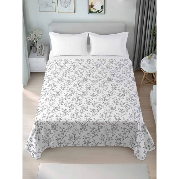 Gray Spring Floral Full Size Flat Sheet, Wrinkleproof & Fadeproof Cooling Flat Bed Sheet Only, Summer Botanical Watercolor Breathable Soft Bedding Top Sheets 81 x 96 Inches