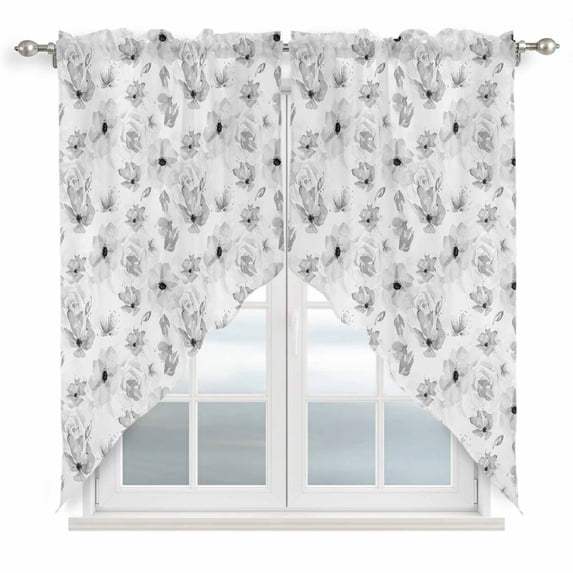 Gray Spring Floral Kitchen Window Curtains, Swag Curtains Valance for Bedroom Living Room Bathroom, Summer Botanical Floral Watercolor Rod Pocket Window Curtain Block Drapes 2 Panels 28"x36"