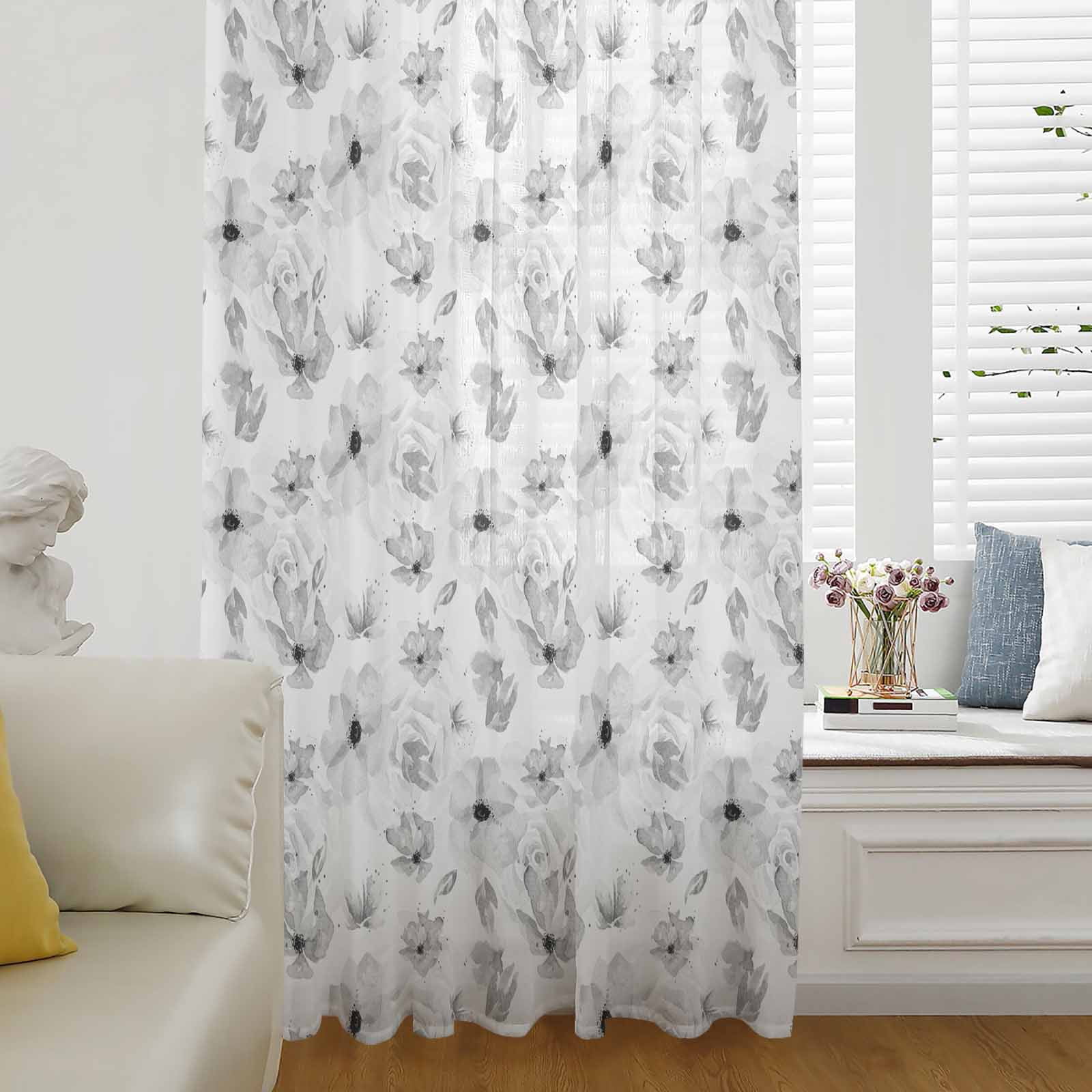 Spring Color Drape Gray Spring Floral Semi Sheer Curtains Drapes for Living Room, Bedroom ...