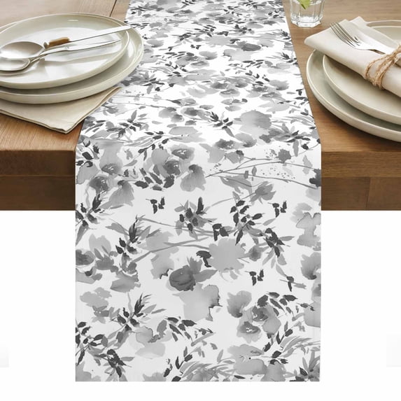 Gray Spring Floral Table Runner - 70 Inch Long, Kitchen Dining Table Runner Dresser Scarves, Watercolor Blooming Botanical Summer Farmhouse Decor for Coffee Tables Wedding Party Banquet