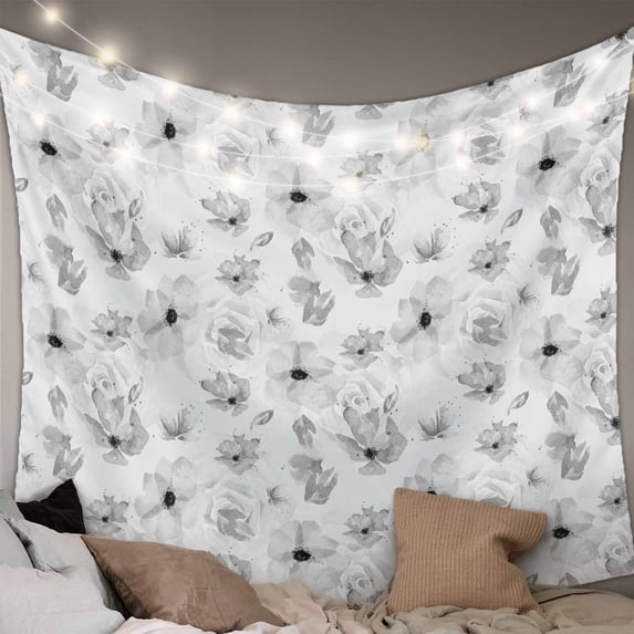 Gray Spring Floral Tapestry for Bedroom Wall Hanging Tapestry, Summer Botanical Floral Watercolor Ceiling Backdrop Tapestries Poster Blanket Wall Decor for Teens Room Living Room Dorm 59" x 90"