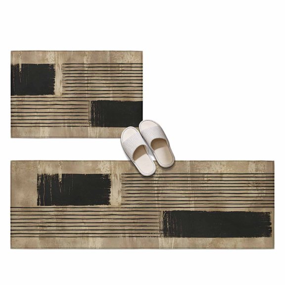 Gray Square 2 Pieces Non-Slip Kitchen Mat Set, Industrial Stripes Khaki Distressed Texture Abstract Soft Door Mat with Rubber Backing, Dirtproof Rugs for Entrance Doorway, 15.7x23.6in+15.7x47.2in