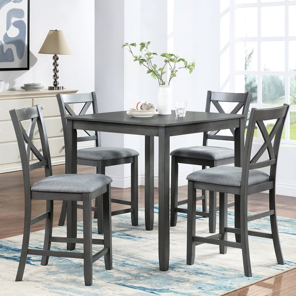 Gray Square Dining Table Set with Upholstered Chairs / Easy-Clean and Durable for Family Meals