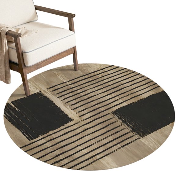 Gray Square Round Area Rug 8ft Industrial Stripes Khaki Distressed Texture Abstract Non-Slip Washable Circle Rugs Soft Felt Indoor Floor Mat for Bedroom Kitchen Living Room Bathroom