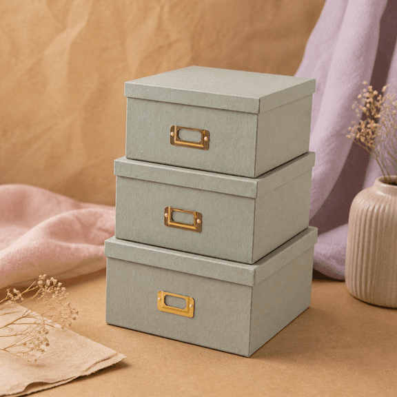 Gray Square Stackable Storage Boxes Set of 3 with Lids and Label Holders