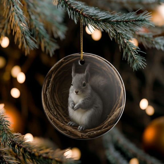 Gray Squirrel Ceramic Ornament Woodland Animal Christmas Ornament Rustic Nature Decor Winter Forest Wildlife Gift Cute Keepsake 2D FLAT CIRCLE Ceramic Ornament