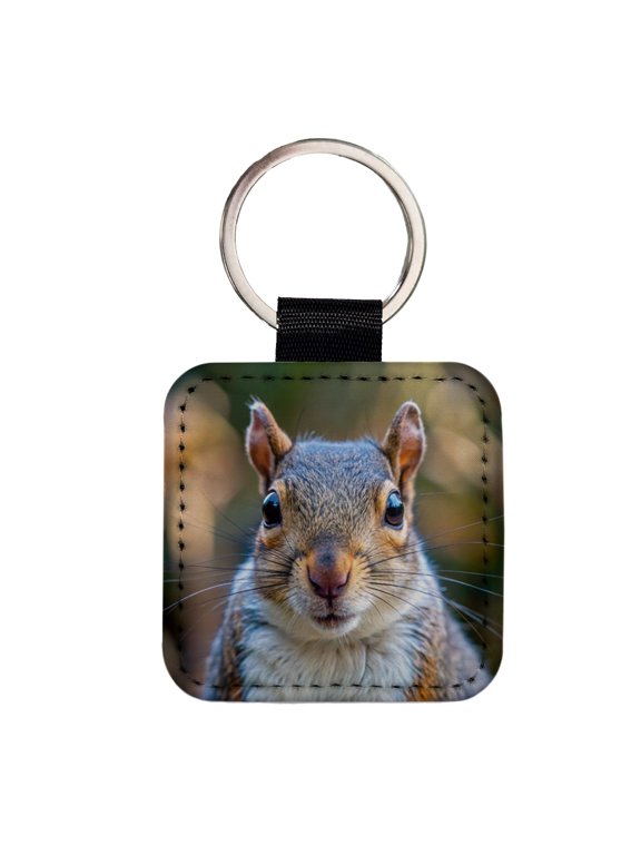 Gray Squirrel Face Faux Leather Square Keychain