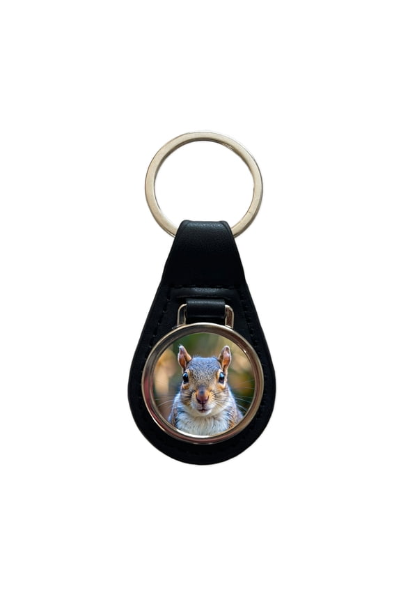 Gray Squirrel Face Metal Black Leather Keychain
