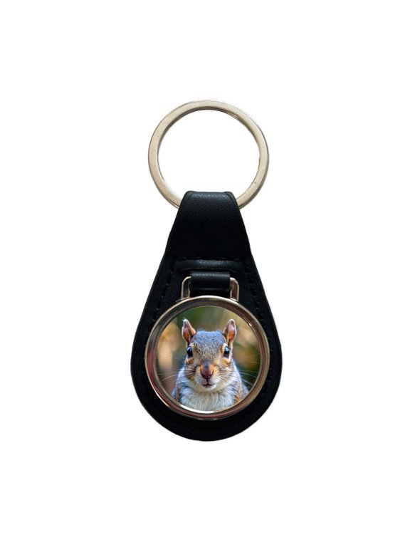 Gray Squirrel Face Metal Black Leather Keychain