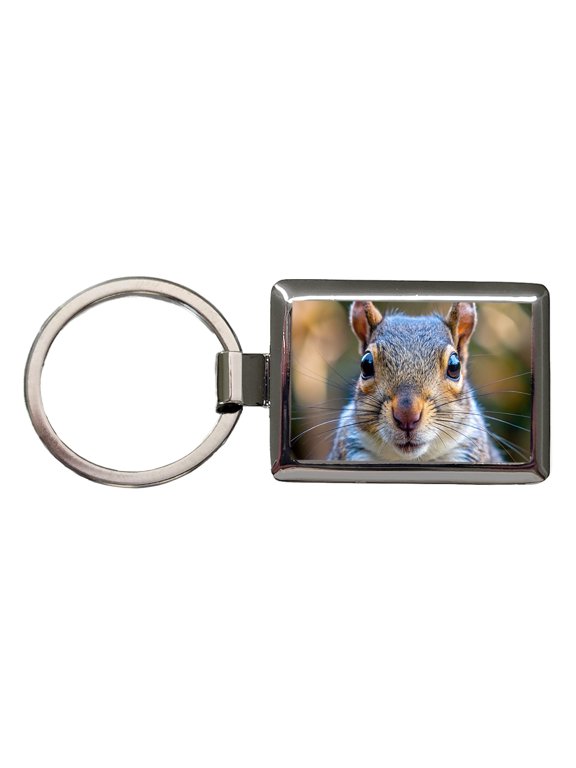 Gray Squirrel Face Metal Rectangle Keychain