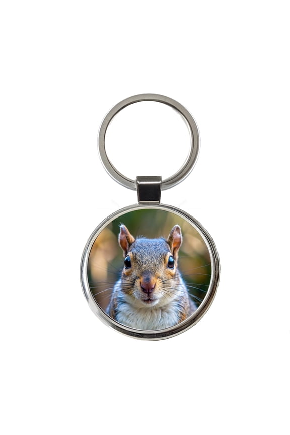 Gray Squirrel Face Metal Round Keychain