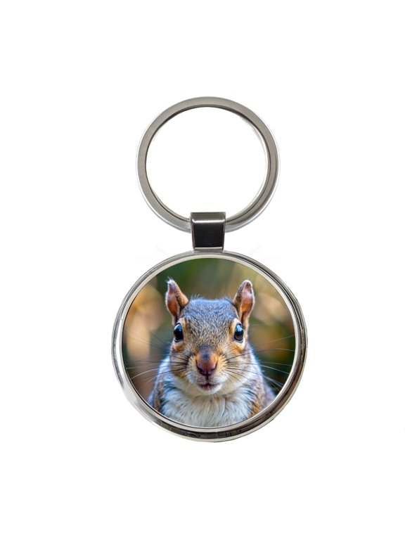Gray Squirrel Face Metal Round Keychain