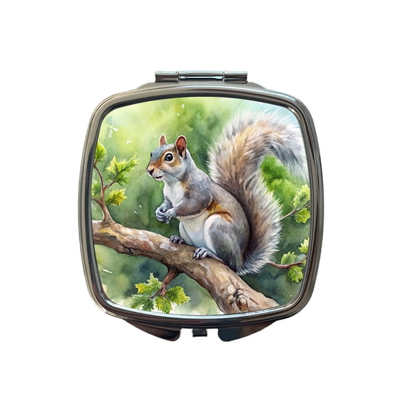 Gray Squirrel In Tree Watercolor Travel Makeup Handbag Purse Small Pocket Compact Mirror