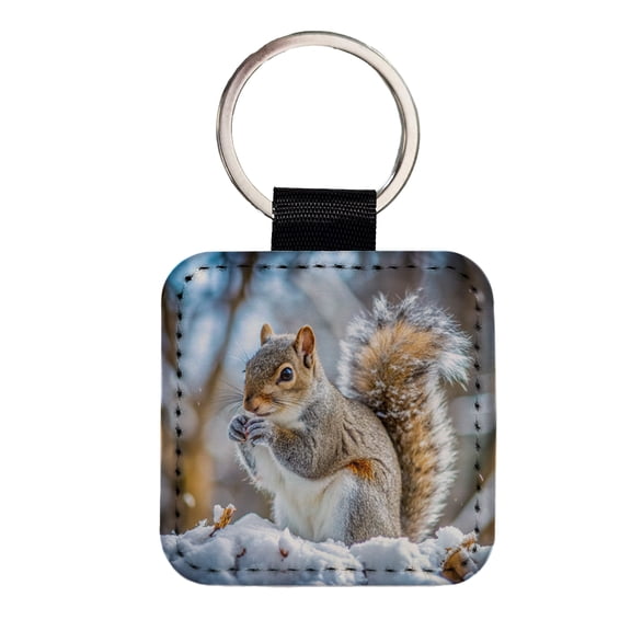 Gray Squirrel In Winter Faux Leather Square Keychain