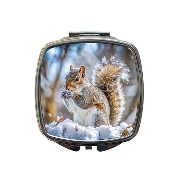 Gray Squirrel In Winter Travel Makeup Handbag Purse Small Pocket Compact Mirror