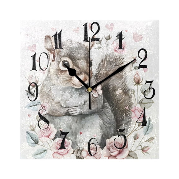 Gray Squirrel Wall Clock Decorative Square Silent Non-Ticking Operated Clocks Aesthetic for Bedroom Living Room