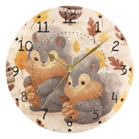 Gray Squirrels Holding Pinecones Leaves Round Wall Clock Silent Analog Battery Operated Gold Pointer Home Decor 9.84" Diameter