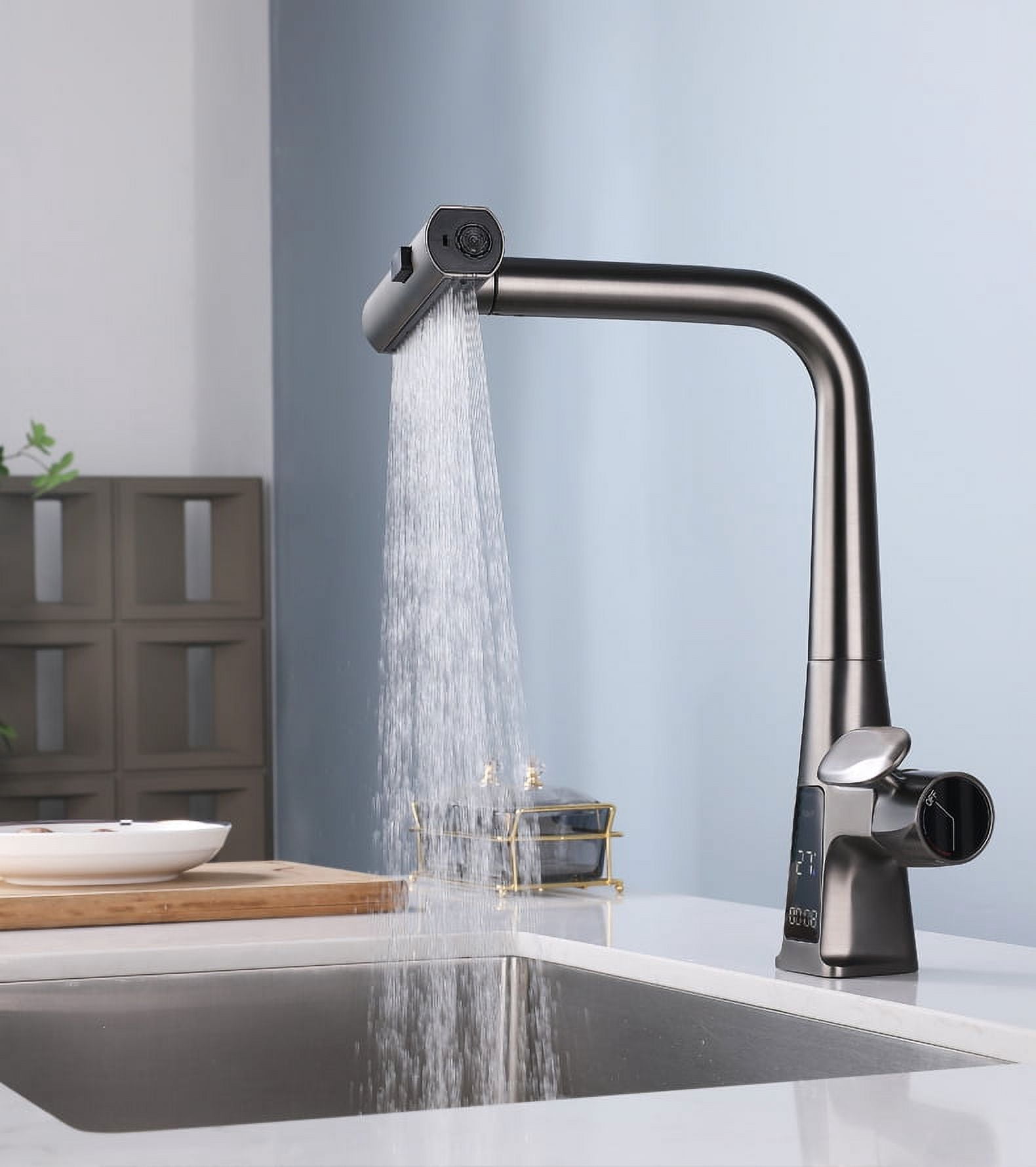Gray Stainless Steel Pull Out Spray Swivel Brass Technology Kitchen Faucet with LED display
