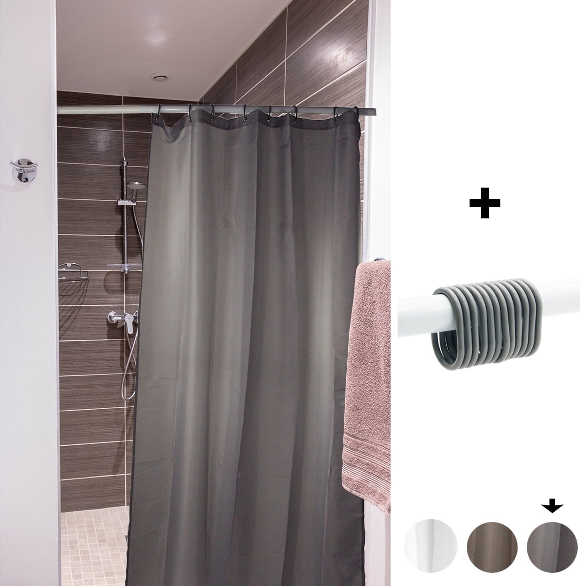 Gray Polyester Hookless Stall Shower Curtain with Matching Rings