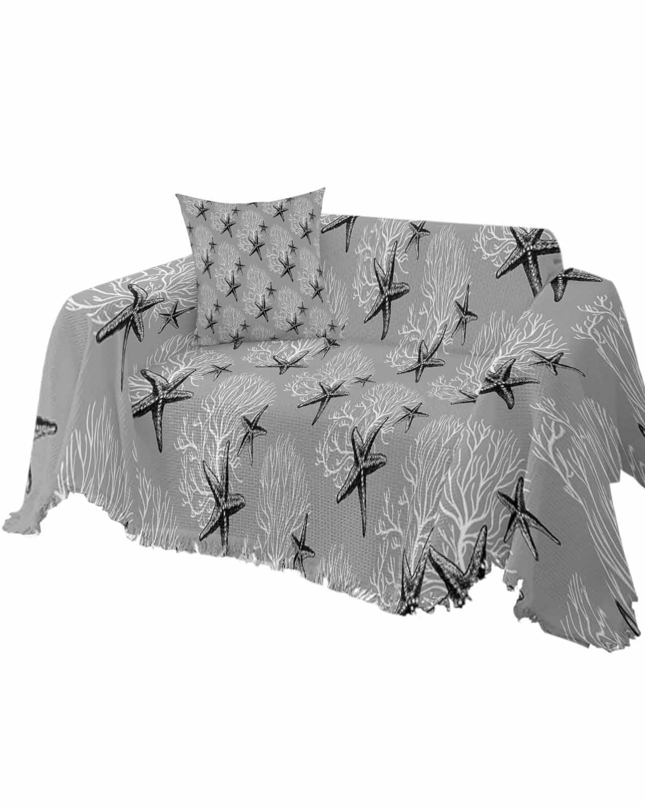 Gray Starfish Sofa Couch Covers for Dog,Washable Sofa Throw Cover Single Slipcoverfor Armchair with Tassels,Coastal Coral Nautical Ocean Sea Summer Couch Protector Towel Blanket Medium 71''x91''