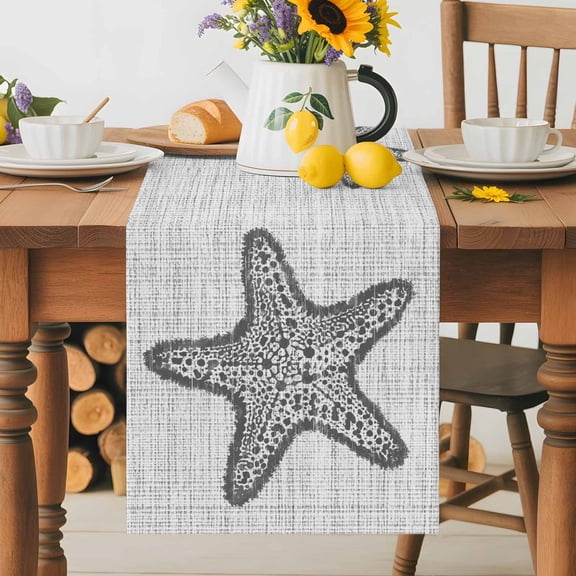 Gray Starfish Table Runner 13x36 Inch Marine Life Ocean Linen Texture Modern Coastal Cotton Linen Dining Table Runner Ideal for Dresser Kitchen Coffee Tables - Machine Washable