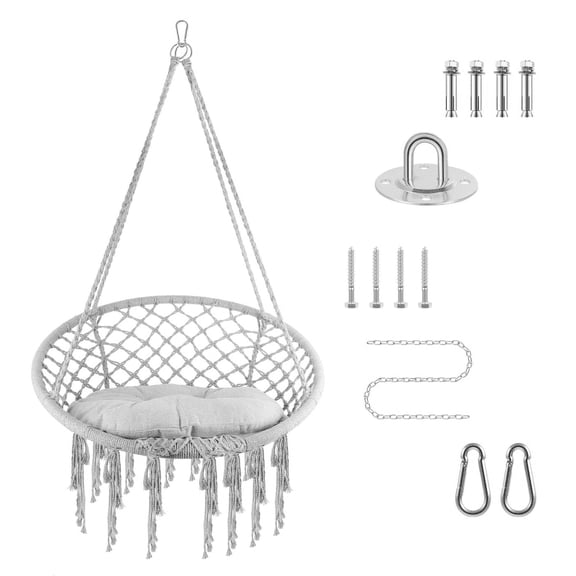 Gray Steel Frame Hanging Chair, Minimalist Design, Adjustable 32.3" Back Rope, Stable Swing, Hammock Chair, for Indoor and Outdoor Use, Adults, Porch (360Lbs)