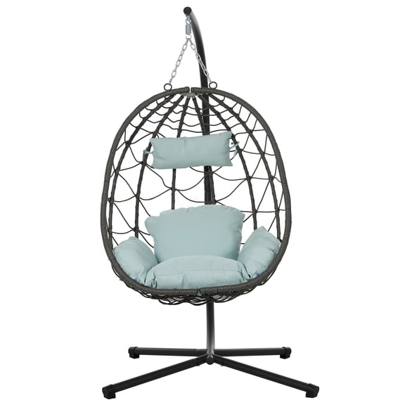 Gray Steel Frame Hanging Egg Chair with Stand, PE Wicker Patio Swing Chair for Indoor Outdoor Use, Balcony Garden Lounge Basket Seat