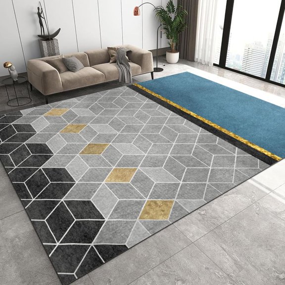 Gray Stereo Square Area Rugs for Living Room, Gold Line Blue Bedroom Carpet, Indoor Soft Carpet for Room Dorm Home Decor, 2' x 3'