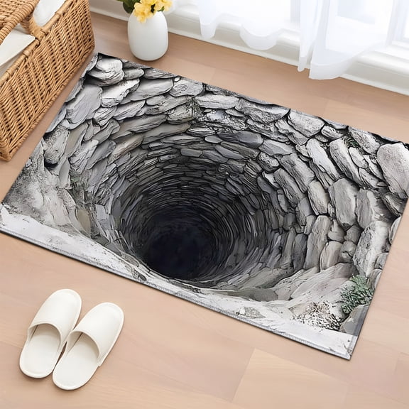 Gray Stone Well 2'x3' Rug for Entryway Front Door Kitchen Sink Area, Rustic Realistic Nature Industrial Low Pile Washable Non Slip Rectangle Area Rug