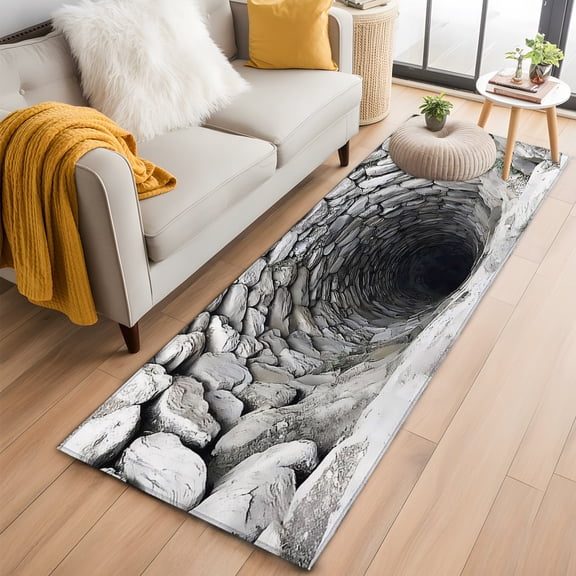 Gray Stone Well 2'x6' Runner Rug for Hallway Walkway Kitchen Galley, Rustic Realistic Nature Industrial Low Pile Washable Non Slip Long Area Rug