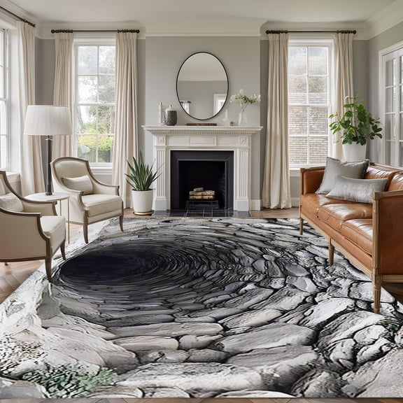 Gray Stone Well 8'x10' Large Area Rug for Living Room Sectional Sofa, Rustic Realistic Nature Industrial Washable Non Slip Low Pile Rectangle Area Rug
