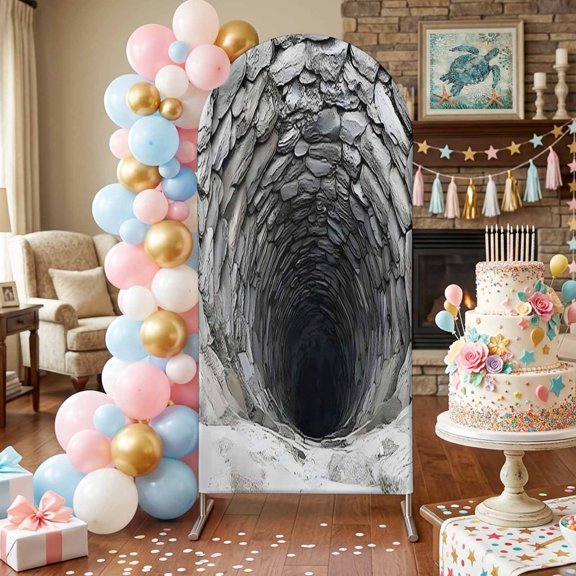Gray Stone Well Arch Backdrop Covers 4 FT, Rustic Realistic Nature Industrial Stretchy Fitted Arched Stand Covers Party Arch Stand Cover Photo Booth for Wedding Birthday Decor