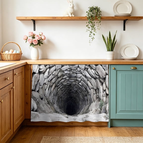 Gray Stone Well Cabinet Curtains 10" W x 11" L, Rustic Realistic Nature Industrial Under-Desk Privacy Dust Proof Drape Dishwasher Curtain Sink Skirt for Kitchen Closet Bathroom Laundry