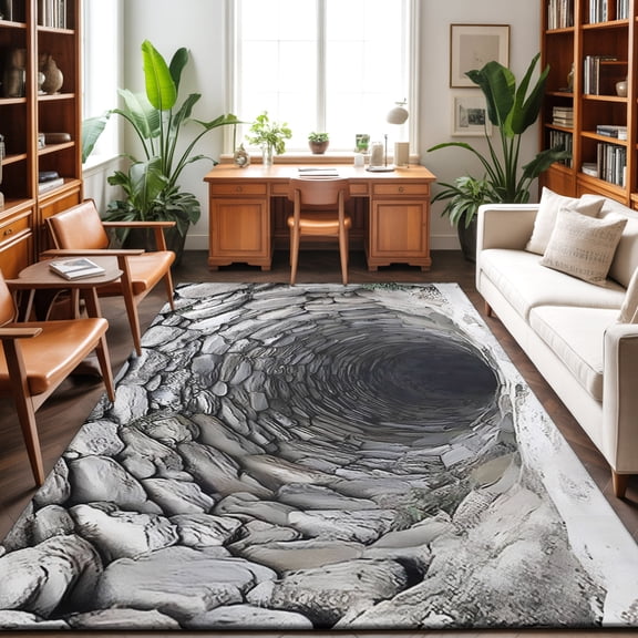 Gray Stone Well Washable Area Rug 9 x 12 ft Rustic Realistic Nature Industrial, Soft Non Slip Rugs Stain Repellent Indoor Felt Carpet for Living Dining Room Bedroom Home Office
