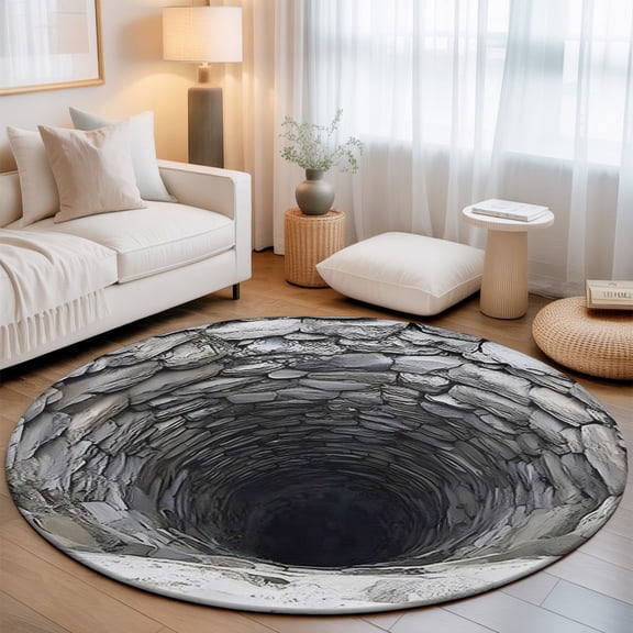 Gray Stone Well Washable Round Area Rug 3 ft, Rustic Realistic Nature Industrial, Soft Non Slip Rugs Stain Repellent Indoor Felt Carpet for Living Dining Room Bedroom Home Office