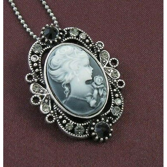 Gray Stones Design CAMEO Necklace Chain Pendant Antique Silver Vintage Style 5b