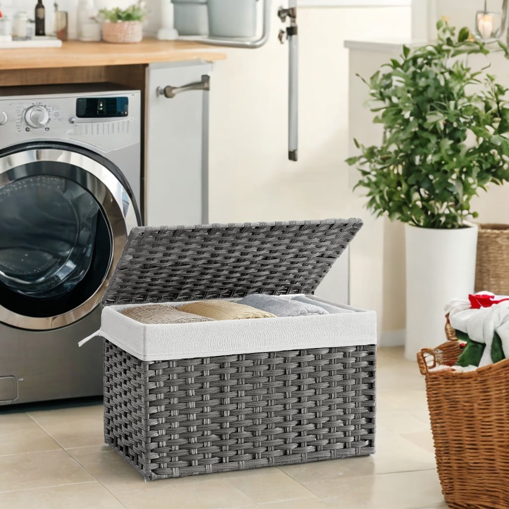Gray Storage Basket with Lid, 27.7 Gallon (105L) Woven Storage Bin. Features handles, a removable liner, and a metal frame.