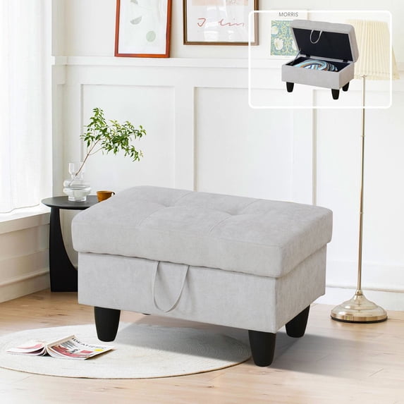 Gray Storage Ottoman Stool, Linen Fabric Ottomans Footstools for Living Room Bedroom