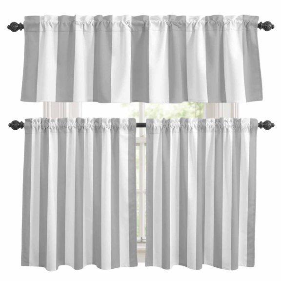 Gray Stripe Kitchen Curtains Valances and Tiers Set of 3 Modern Abstract Minimalist Geometric Grey Vertical Linens Tier Curtains and Valance with Rod Pocket for Small Windows, 27.5"x24"