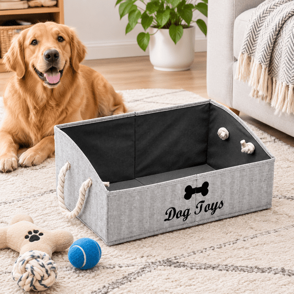 Gray Stripe Large Shallow Dog Storage Basket for Home Organization