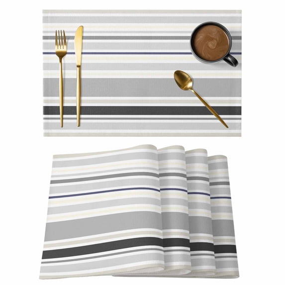 Gray Stripe Placemats Set of 4, Modern Abstract Art Black Striped Rustic Placemats for Dining Table, Place Mats for Kitchen Tabletop, Waterproof Wipeable Dining Table Mats Set