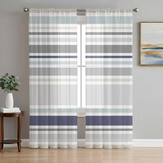 Gray Stripe Semi Sheer Curtains 84 Inch Length 2 Panels Set, Modern Abstract Art Navy Blue Striped Rustic Sheer Kitchen Curtain Privacy Voile Window Curtain for Living Room Bedroom Rod Pocket Drapes