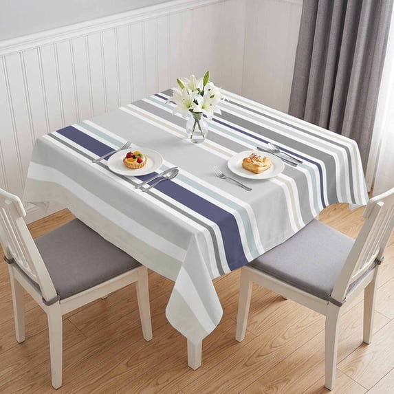 Gray Stripe Table Cloth Waterproof Tablecloths, Modern Abstract Art Navy Blue Striped Rustic Tablecloth Dining Table Cover for Kitchen Party Tabletop Outdoor, Square Tablecloth 60x60 Inch