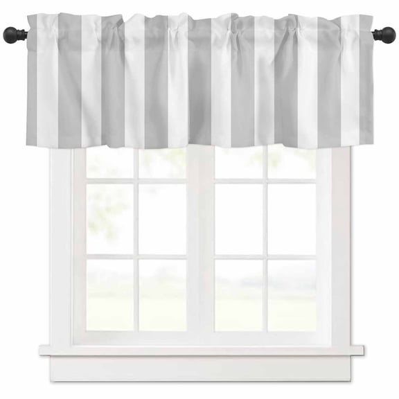 Gray Striped Curtain Valance for Windows/Kitchen/Living Room/Bedroom, White Geometric Vertical Stripes Casual Boho Rod Pocket Window Treatment Short Drape Topper Small Tier Cafe Curtains Panel 54X18