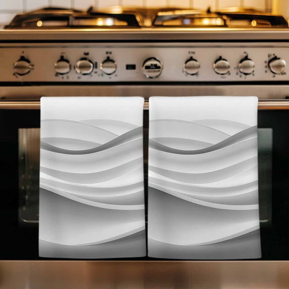 Gray Striped Kitchen Towels Set of 3, Modern Abstract Art Wave Moire Gradient Absorbent Dish Towels for Kitchen, Microfiber Hand Towel, Quick Drying Tea Towel for Cleaning Decorative Dishcloths
