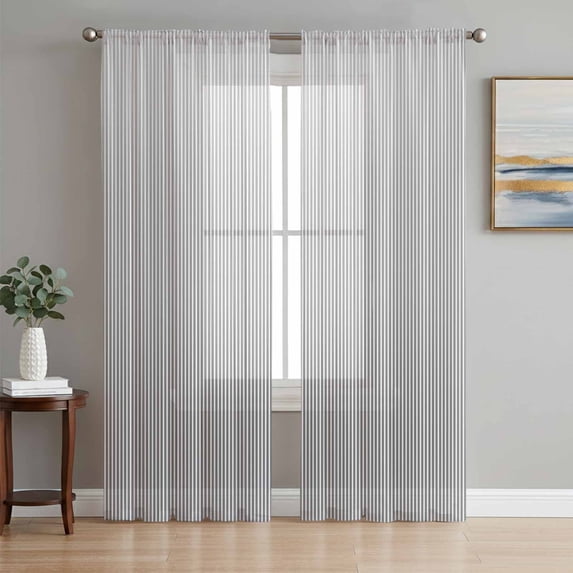 Gray Striped Semi Sheer Curtains 72 Inch Length 2 Panels Set, Modern Minimalist Vertical Stripes Lines Sheer Kitchen Curtain Privacy Voile Window Curtain for Living Room Bedroom Rod Pocket Drapes