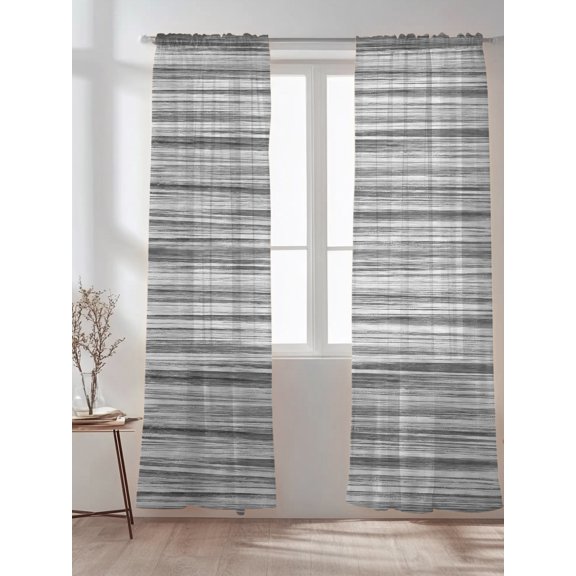 Gray Striped Sheer Curtains 108 inches Long 2 Panels Set Boho Ash Gray Lines Wood Grain Rustic Countryside Tiers Sheers Rod Pocket Small Window Short Curtains for Kitchen Cafe, Each 52" W x 108" L