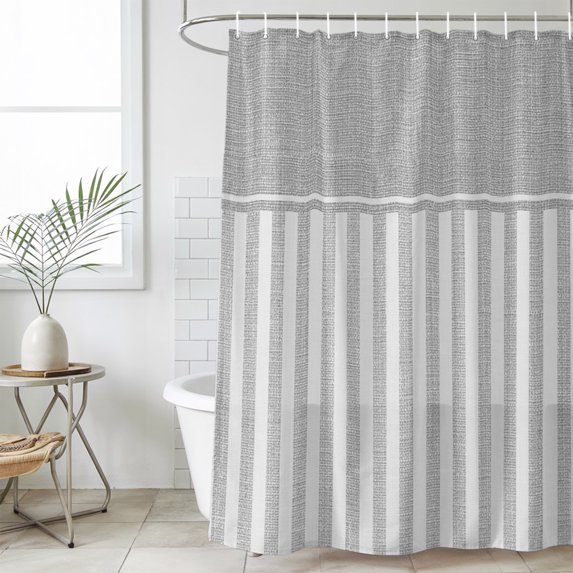 Gray Striped Small Stall Shower Curtain,Waterproof Shower Curtains for Bathroom,Boho Stripes Minimalist Vintage Linen Texture Washable Fabric Bath Curtain for Bathtub with Hooks 36x78 Inches