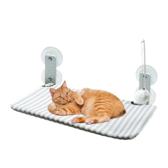 Gray Striped Suction Cup Cat Window Hammock Perch with Pom Pom Toy for Indoor Sunbathing Cats